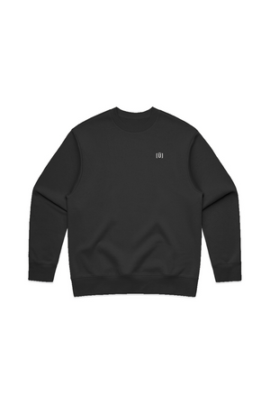 Black sweatshirt with a small white logo on a white background