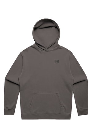 Gray hoodie with a small logo on a white background