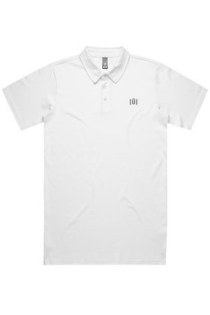 White polo shirt with a brand logo on a white background