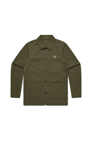 Green jacket with a small logo on a white background