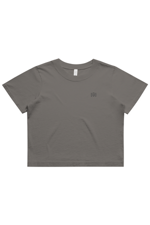 Gray t-shirt with a small logo on a white background