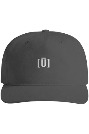 Dark gray cap with a white logo on a white background