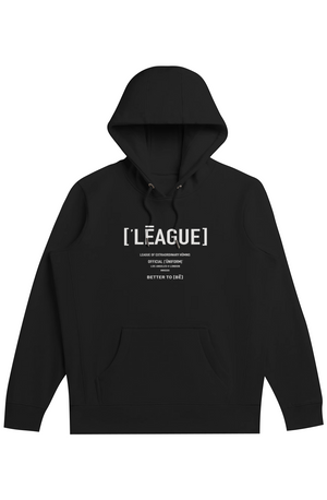 Black hoodie with 'league' logo on a white background
