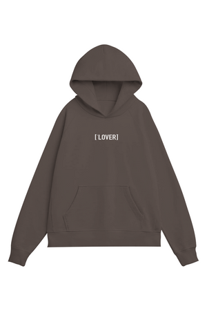 Brown hoodie with 'LOVER' text on a white background