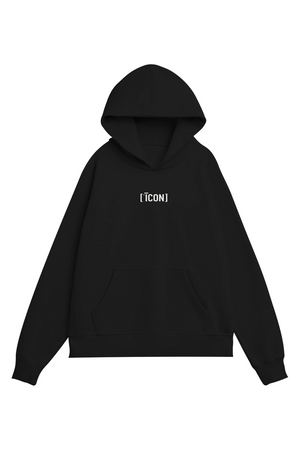 BLACK hoodie with a ICON TEXT logo on a light gray background