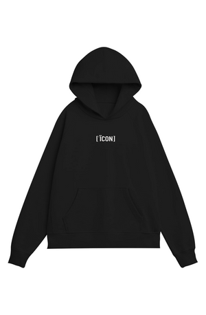 BLACK hoodie with a ICON TEXT logo on a light gray background