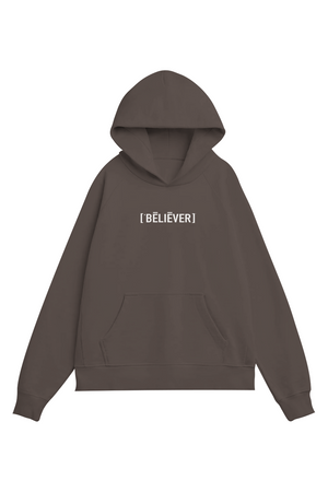 Brown hoodie with 'BELIEVER' text on a white background