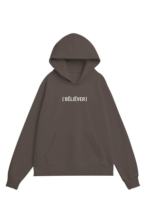 Brown hoodie with 'BELIEVER' text on a white background