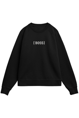Black sweatshirt with 'BOSS' text on a white background