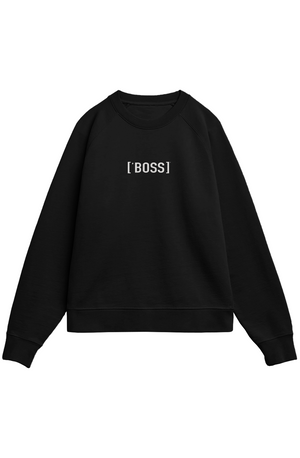 Black sweatshirt with 'BOSS' text on a white background