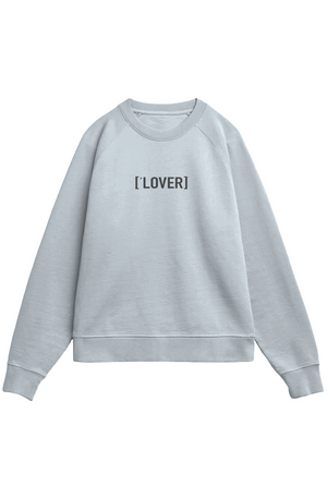 Blue sweatshirt with 'LOVER' text on a white background