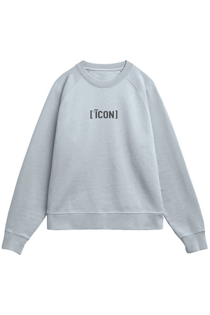 Blue sweatshirt with 'ICON' text on a white background