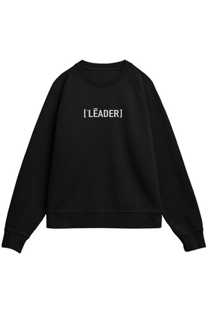 Black sweatshirt with 'LEADER' text on a white background