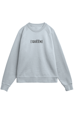 Blue sweatshirt with QUEEN text on a white background
