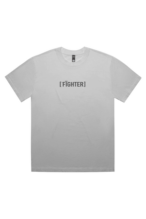 Gray t-shirt WITH FIGHTER TEXT on a white background