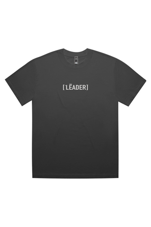 Black t-shirt with 'LEADER' text on a white background