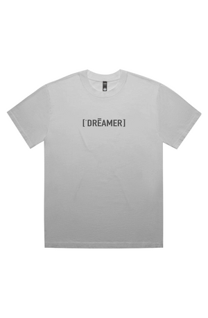 WHITE t-shirt WITH DREAMER TEXT on a white background