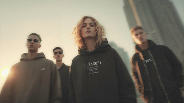 Four individuals wearing hoodies with visible branding against an urban background