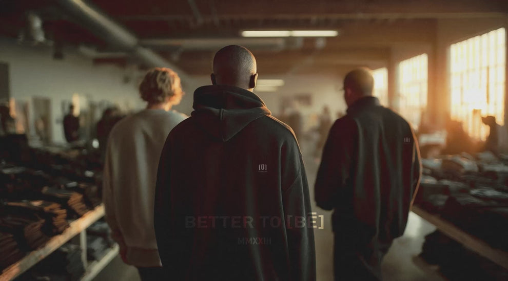 Three men wearing hoodies walk through a clothing warehouse with tables of folded garments.
